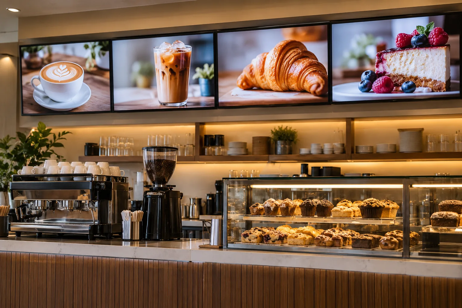 Café counter with digital menu displays for &Co Coffee Shop
