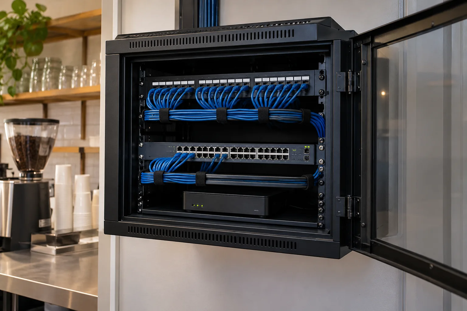 Café network cabinet and data switch installation at &Co in Riyadh