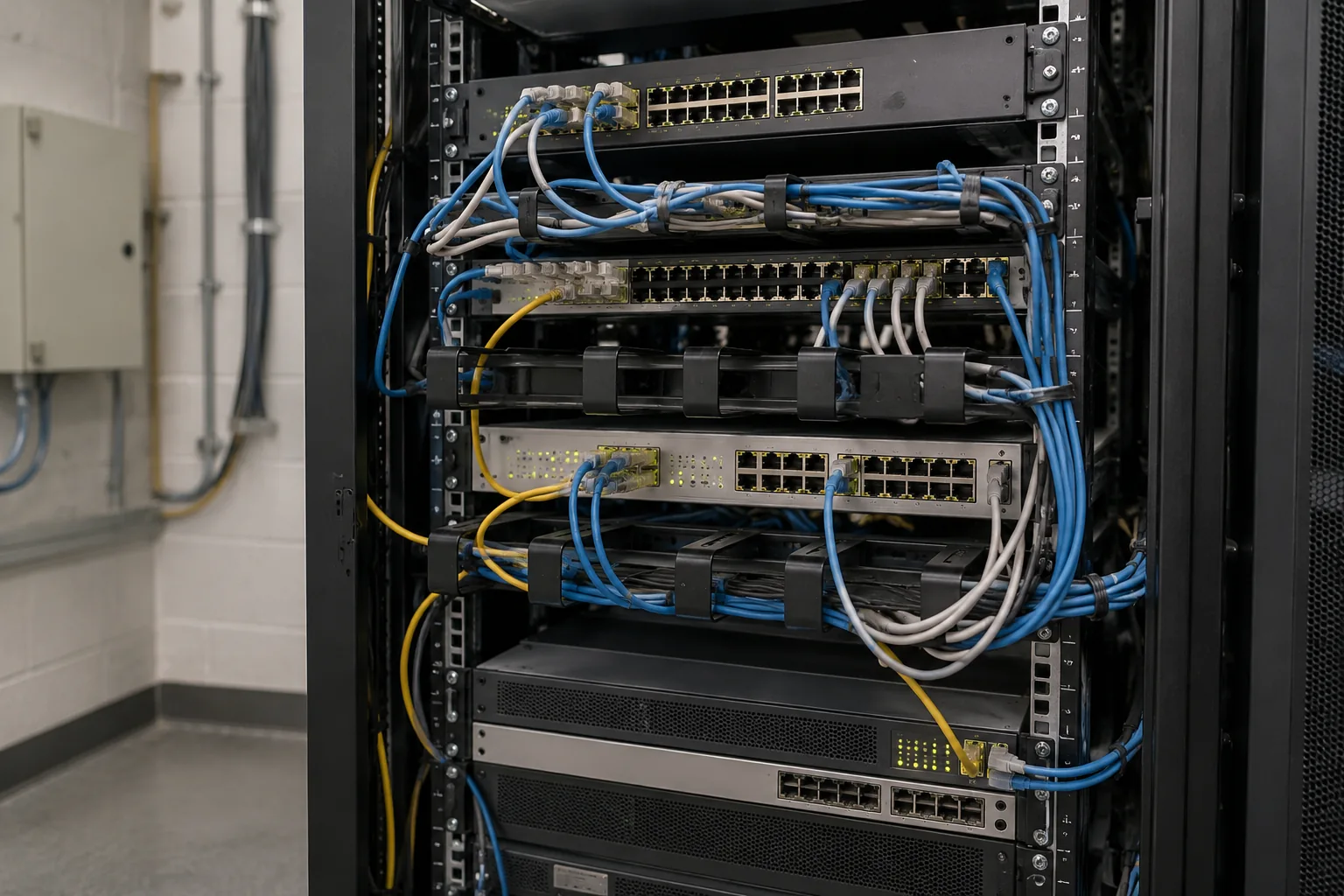 Existing university rack conditions before cable-management improvements in Saudi Arabia
