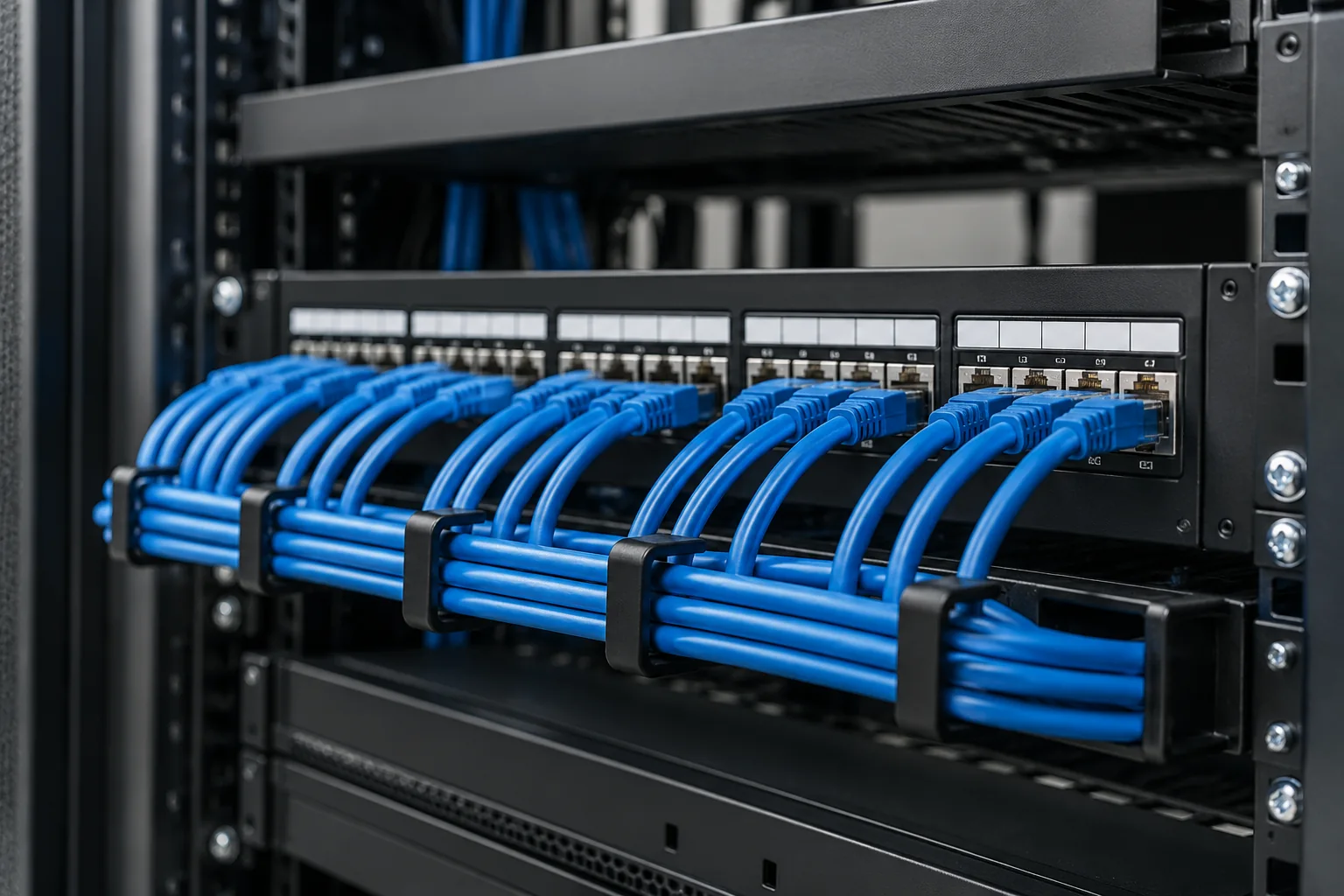 Organized patch cables and cable-management arrangements at a university facility in Saudi Arabia