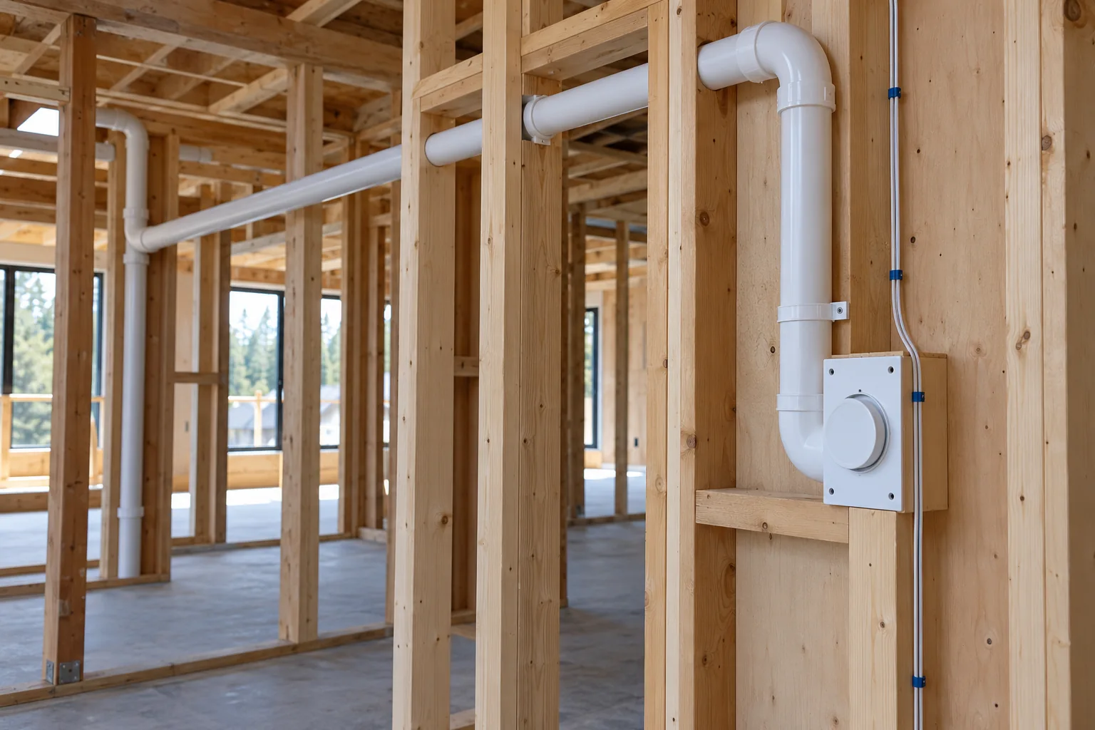 Central-vacuum piping and inlet rough-in within residential timber framing