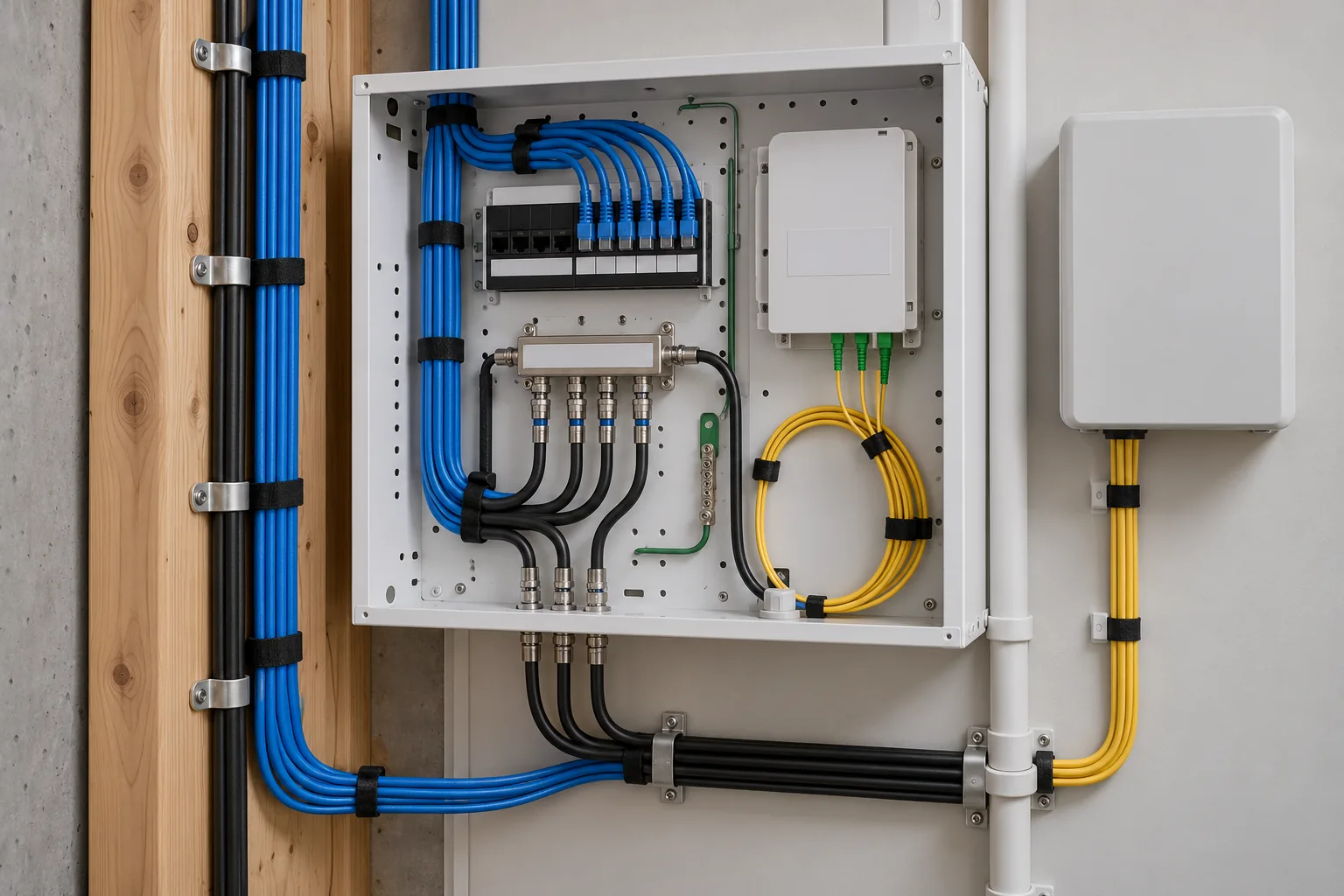 Organized Cat6A, RG6 and fiber demarcation infrastructure for the Richmond custom home