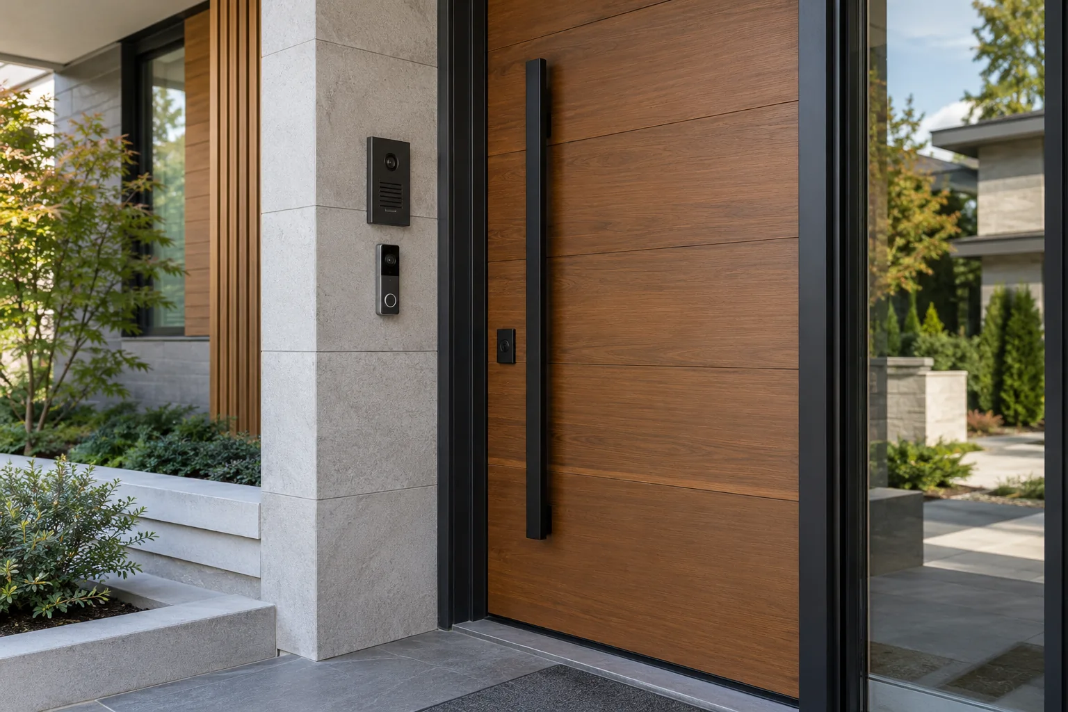 Video doorbell and main-entry intercom at contemporary residential entrance