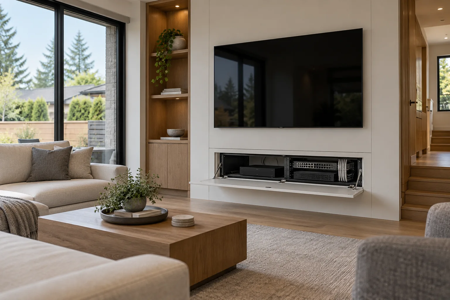 Family-room media wall with concealed AV and network infrastructure