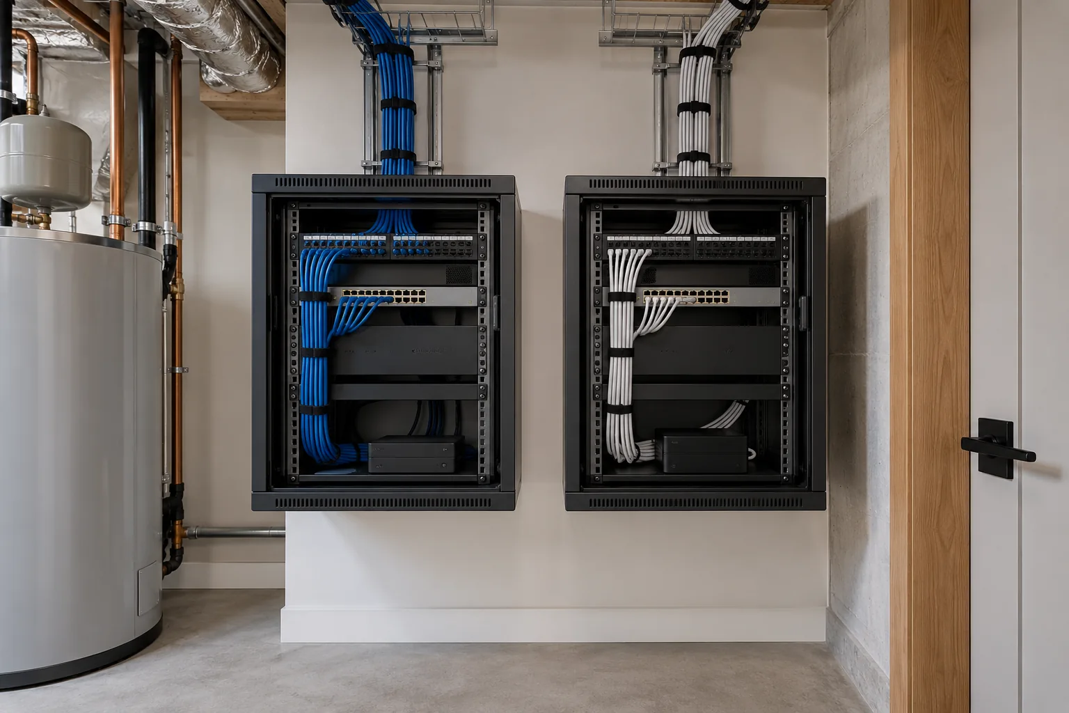 Separately organized communications cabinets supporting independent main-residence and rental-suite connectivity