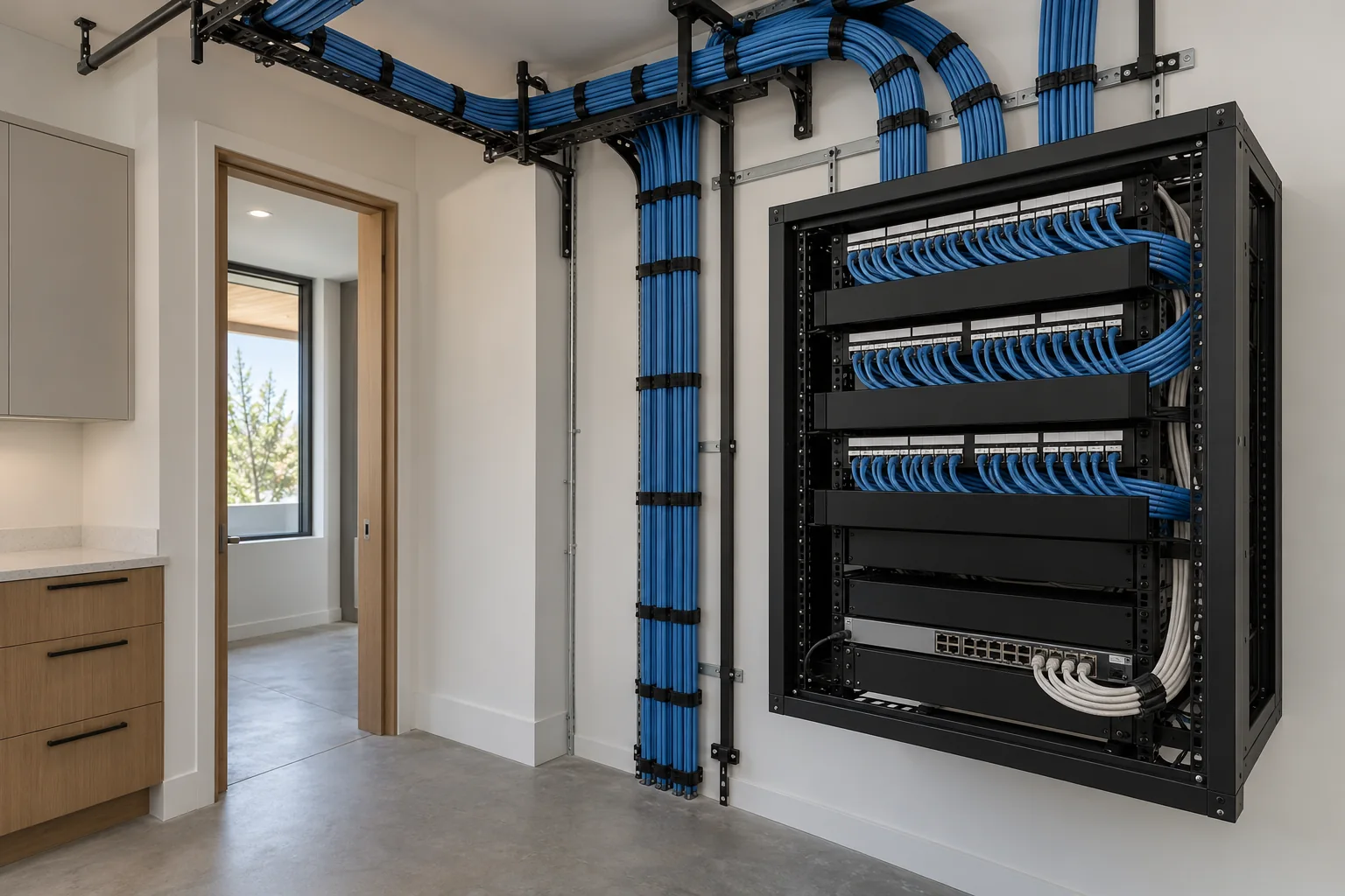 Structured Cat6A home-run cabling and central technology infrastructure for the Richmond custom-home project