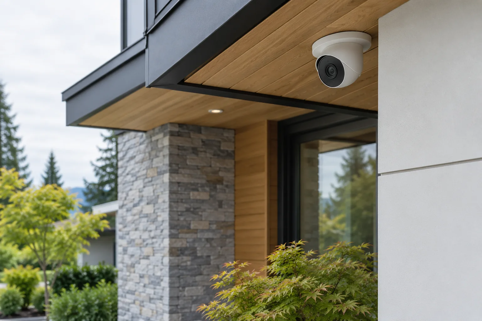Discreet outdoor surveillance camera installed at the Richmond custom residence