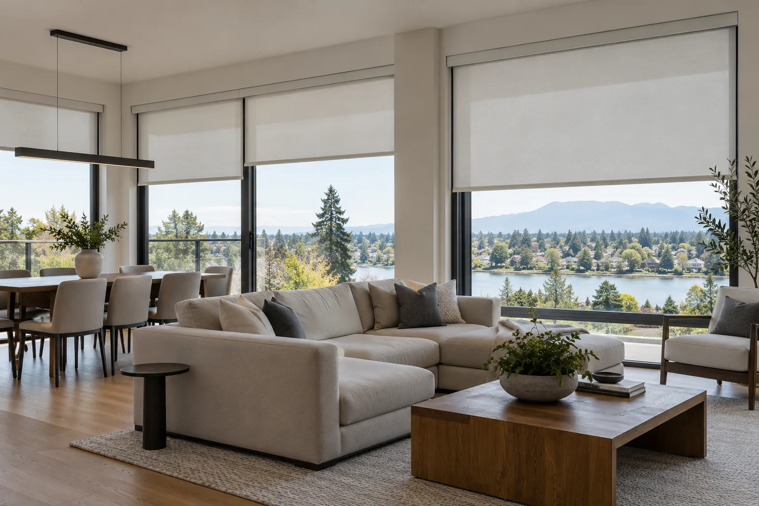 Contemporary interior supported by automated window-shade prewiring and infrastructure