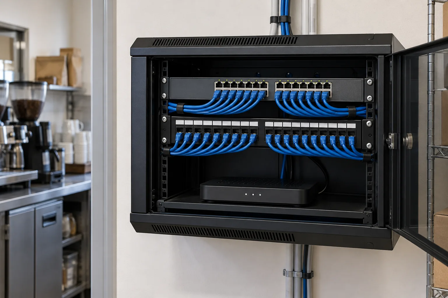 Compact 24-port network installation representing the Maskob Cafe data infrastructure scope