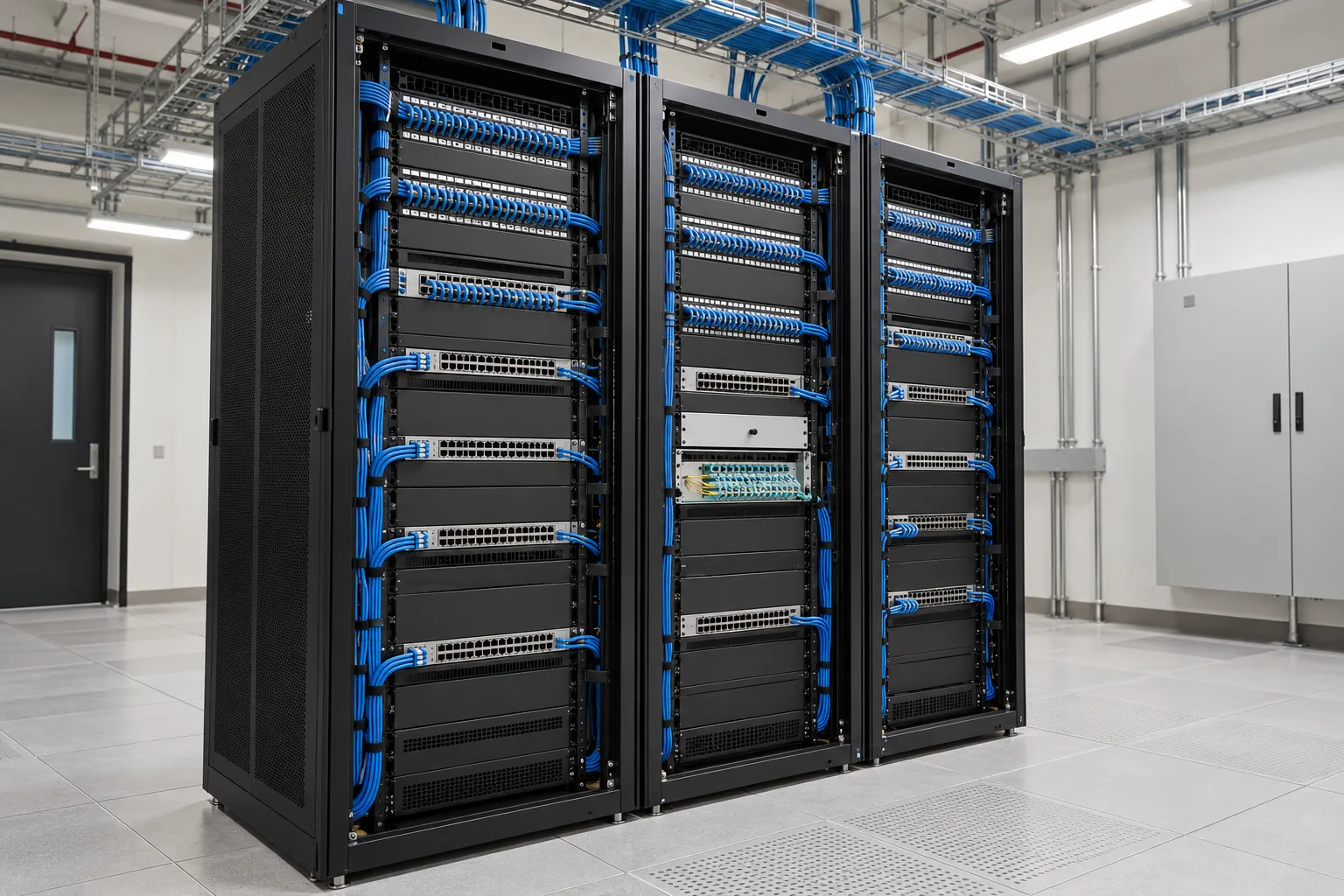 Completed network racks and cabling delivered by Future Bridges at the manufacturing facility in Sudair Industrial City